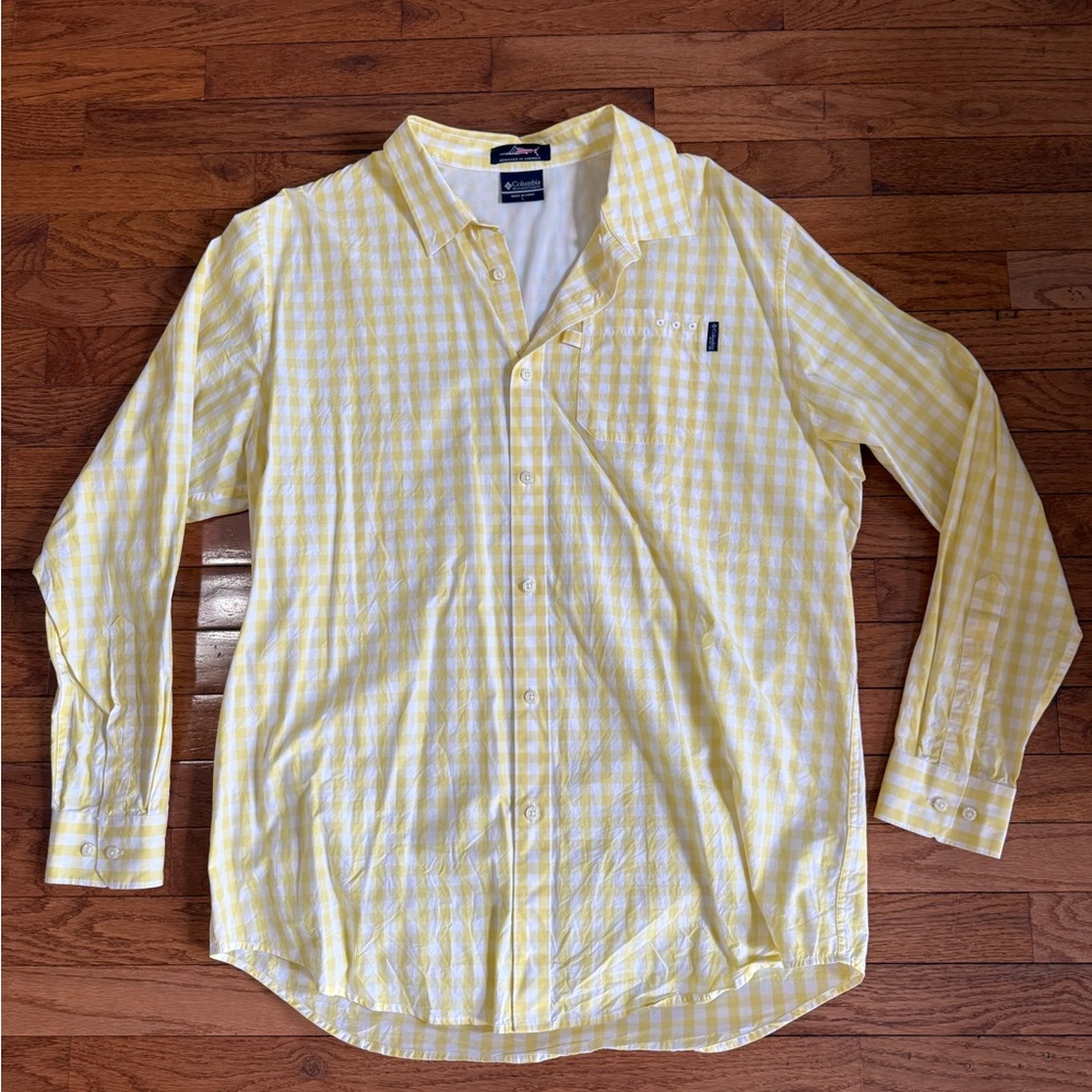 Columbia fishing plaid button down shirt size large men yellow white